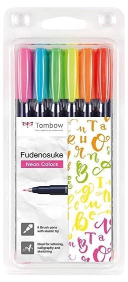 Tindipliiats Lettering Pen Fudenosuke, pintselotsaga, 6 värvi komplektis Tombow