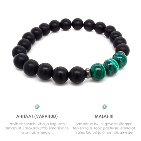 Pärlipesa Käevõru MAhhaat Black, Malahhiit ja Metallhelmes 8mm M