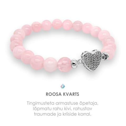 Pärlipesa käevõru Roosa Kvarts ja Süda 8mm M