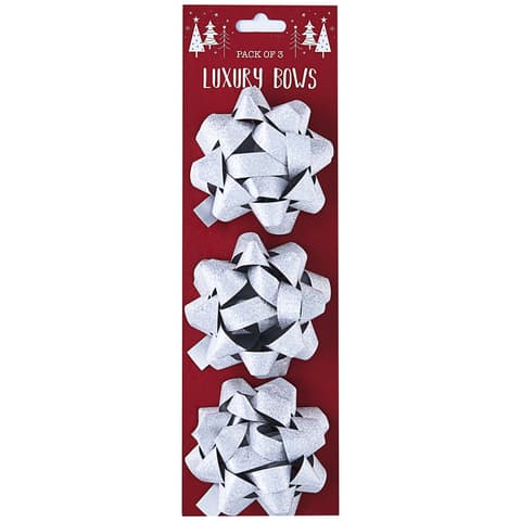 Kuku Xmas Glitter Silver Bows 3pk
