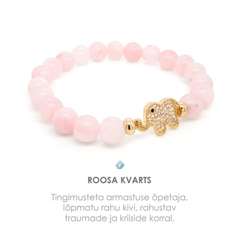 Pärlipesa käevõru Roosa Kvarts ja Elevant Gold 8mm L