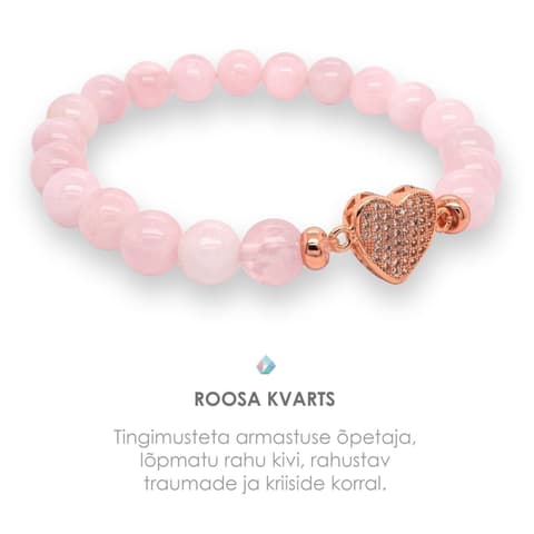 Pärlipesa Käevõru Madagascar Roosa Kvarts ja Süda 8mm L