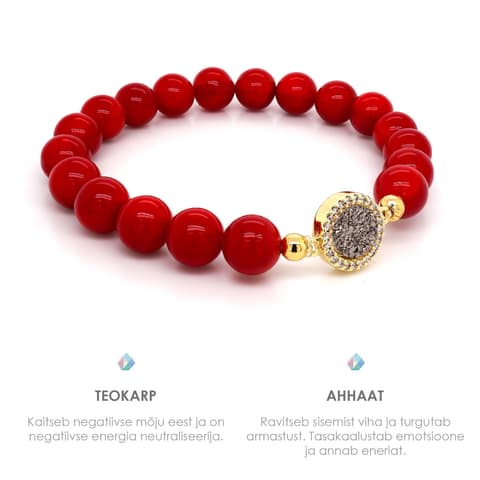 Pärlipesa käevõru Teokarp Red ja Druzy Ahhaat (Red-Silver) 8mm S