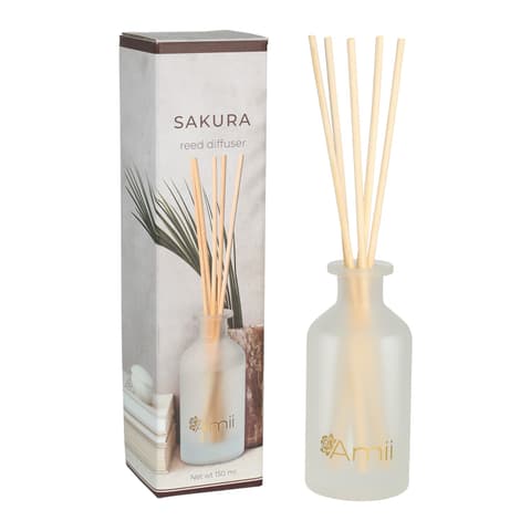 Ruumilõhnastaja SAKURA rattanpulkadega valges klaasis, 150 ml