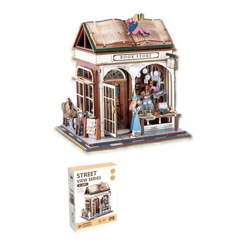 Puidust 3D puzzle raamatupood valgusega