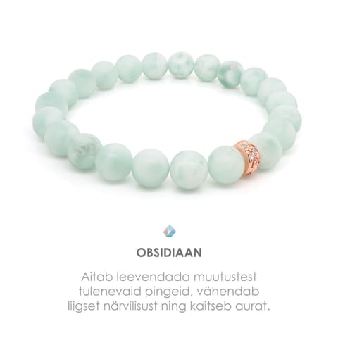 Pärlipesa käevõru Obsidiaan "AquaBlue" ja Metallhelmes Rose Gold 8mm L