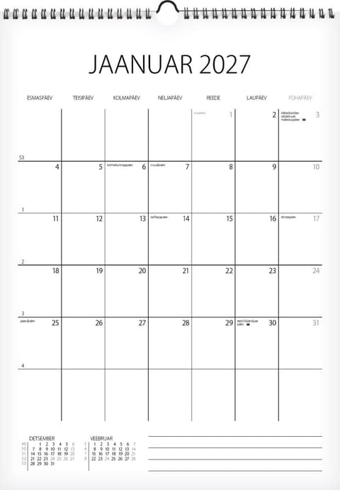 2027 Memokalender, 297 x 210 mm, aasaga spiraalköide